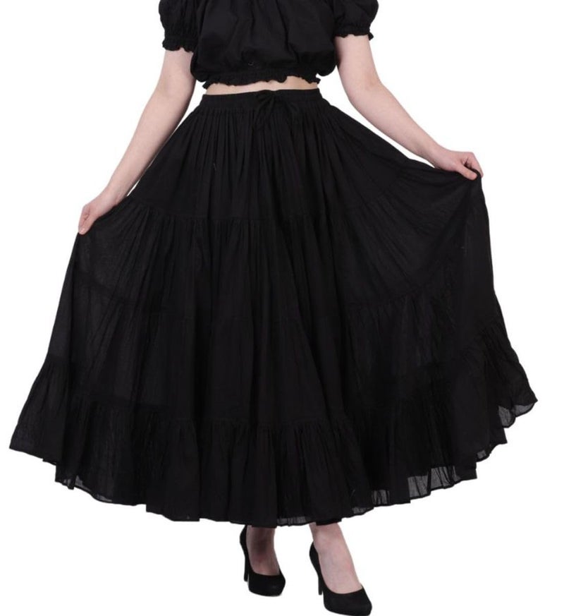 Wevez 12 Yards Long Black Skirt for Women American Belly Dance 4 Tiered Black Cotton Skirts - Image 1